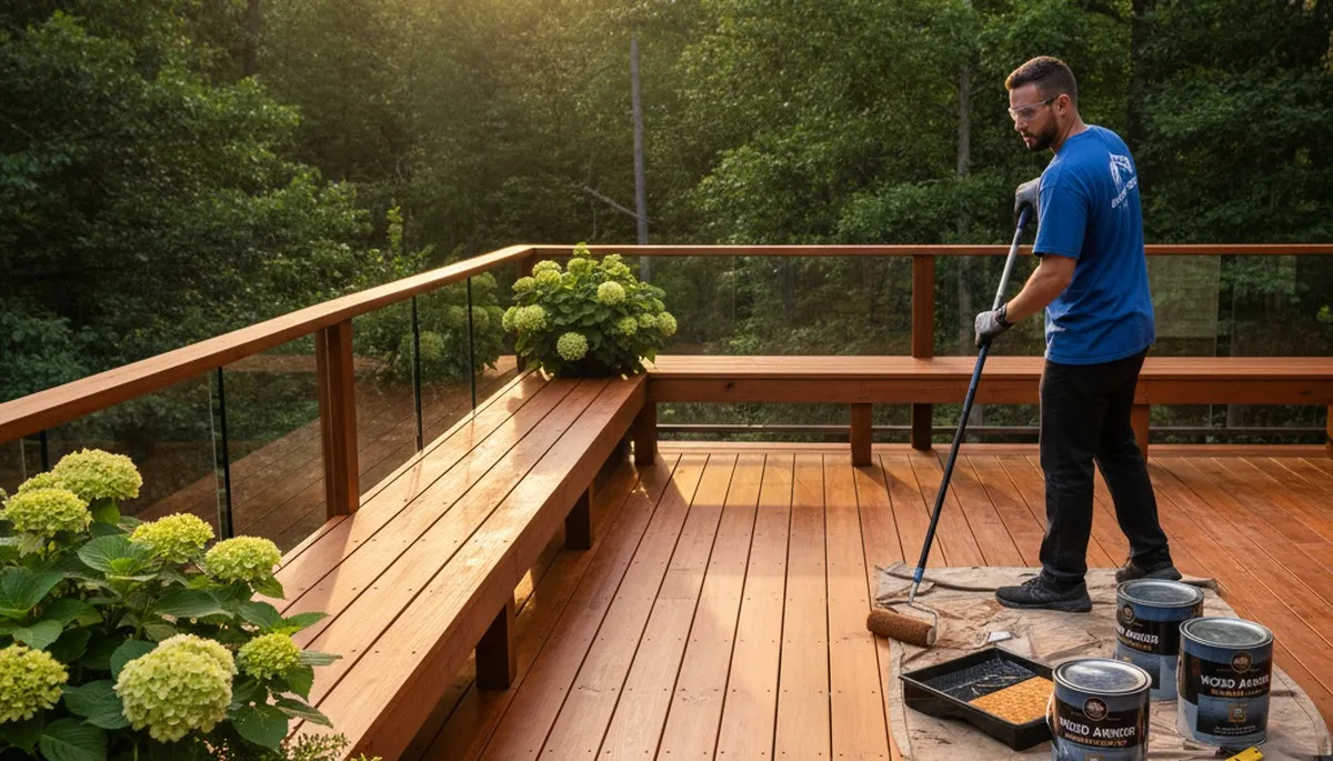 Professional deck staining and sealing on Atlanta GA home patio to protect wood from sun and moisture