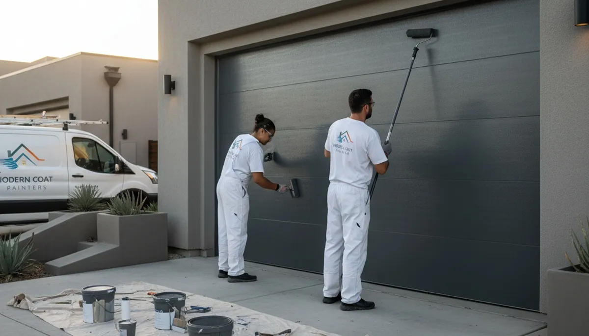 Professional painter refinishing a garage door exterior in Atlanta, GA for a durable, curb-appeal finish