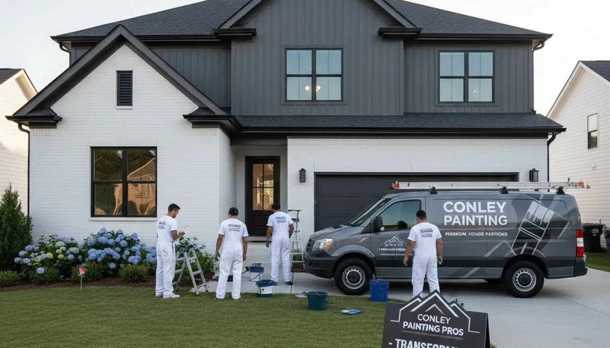 Professional exterior house painters working on a home in Atlanta, GA