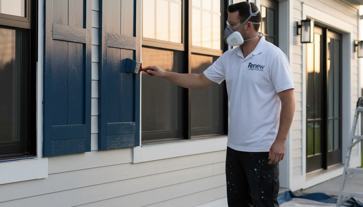 Professional painters refinishing home shutters with durable exterior paint in Atlanta, GA